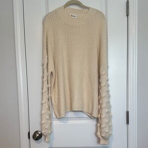 Beige Knit Sweater with Pom Pom Sleeves